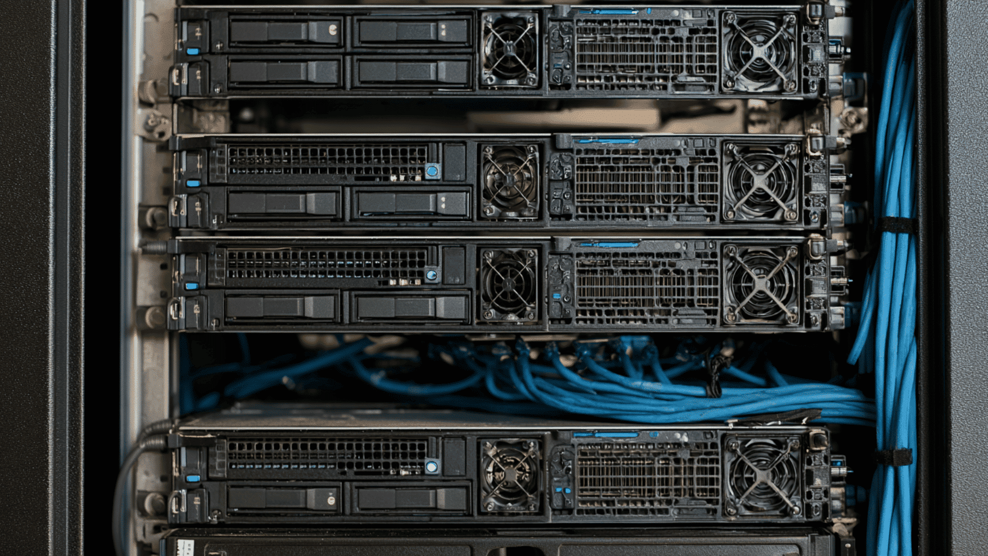 close up of rack mounted computer servers with cooling fans drive bays and organized blue network cables
