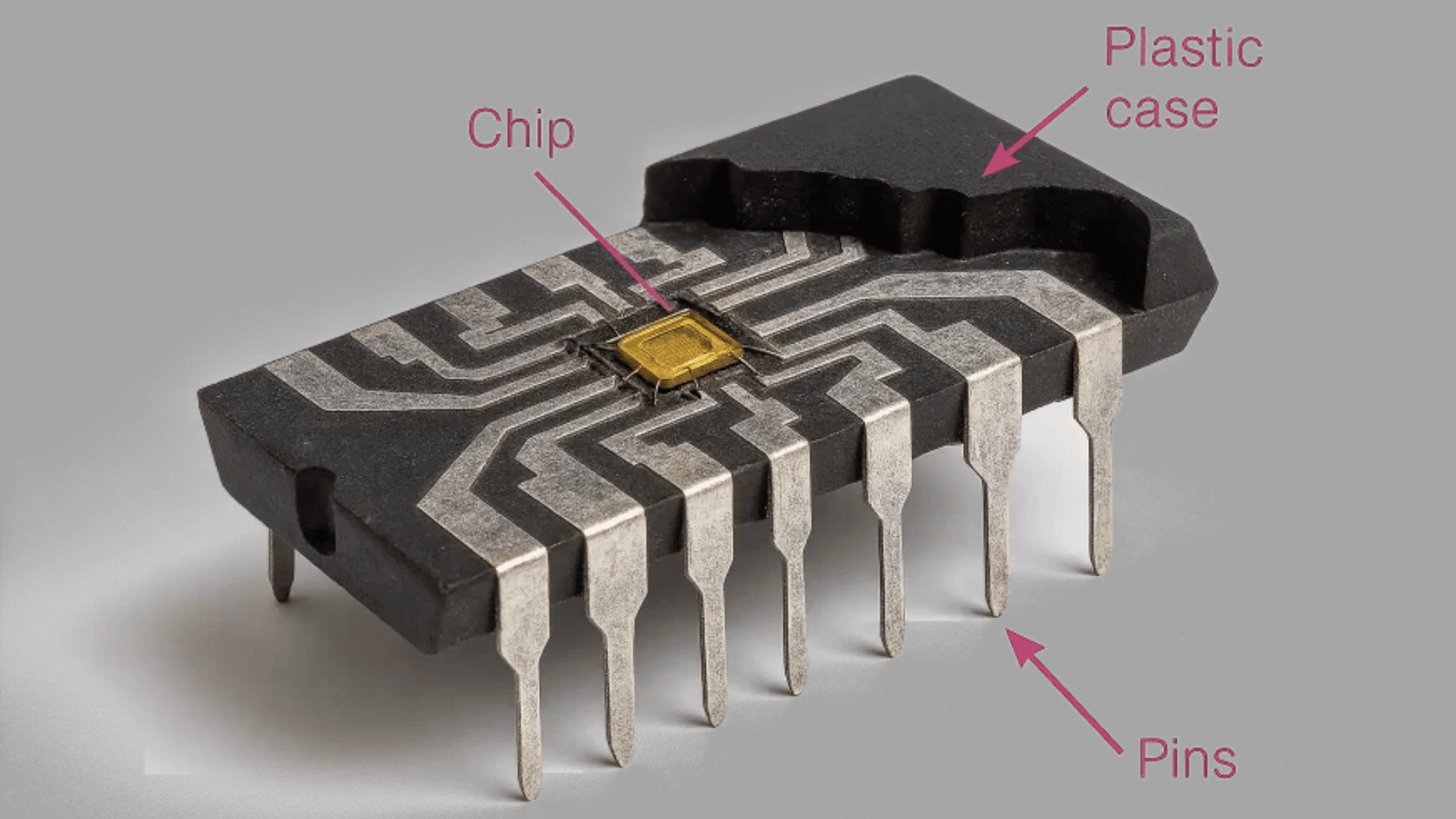close view of an integrated circuit chip package showing plastic case pins and central chip component
