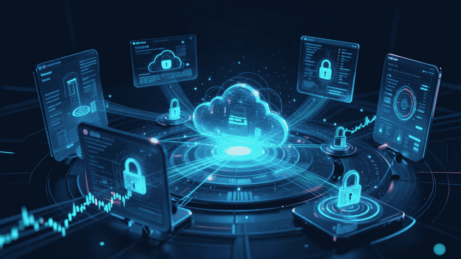 cloud icon is at the center of a circular interface surrounded by multiple screens and devices