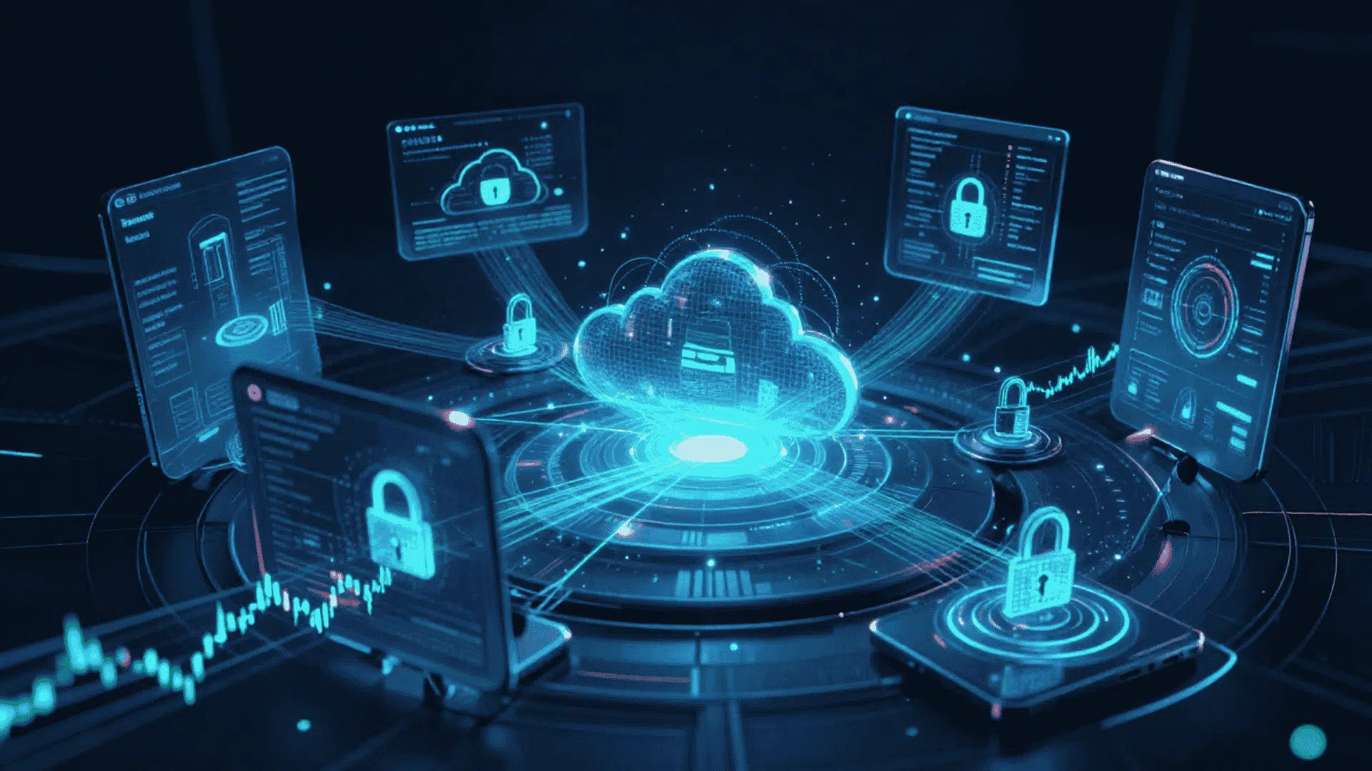 cloud icon is at the center of a circular interface surrounded by multiple screens and devices