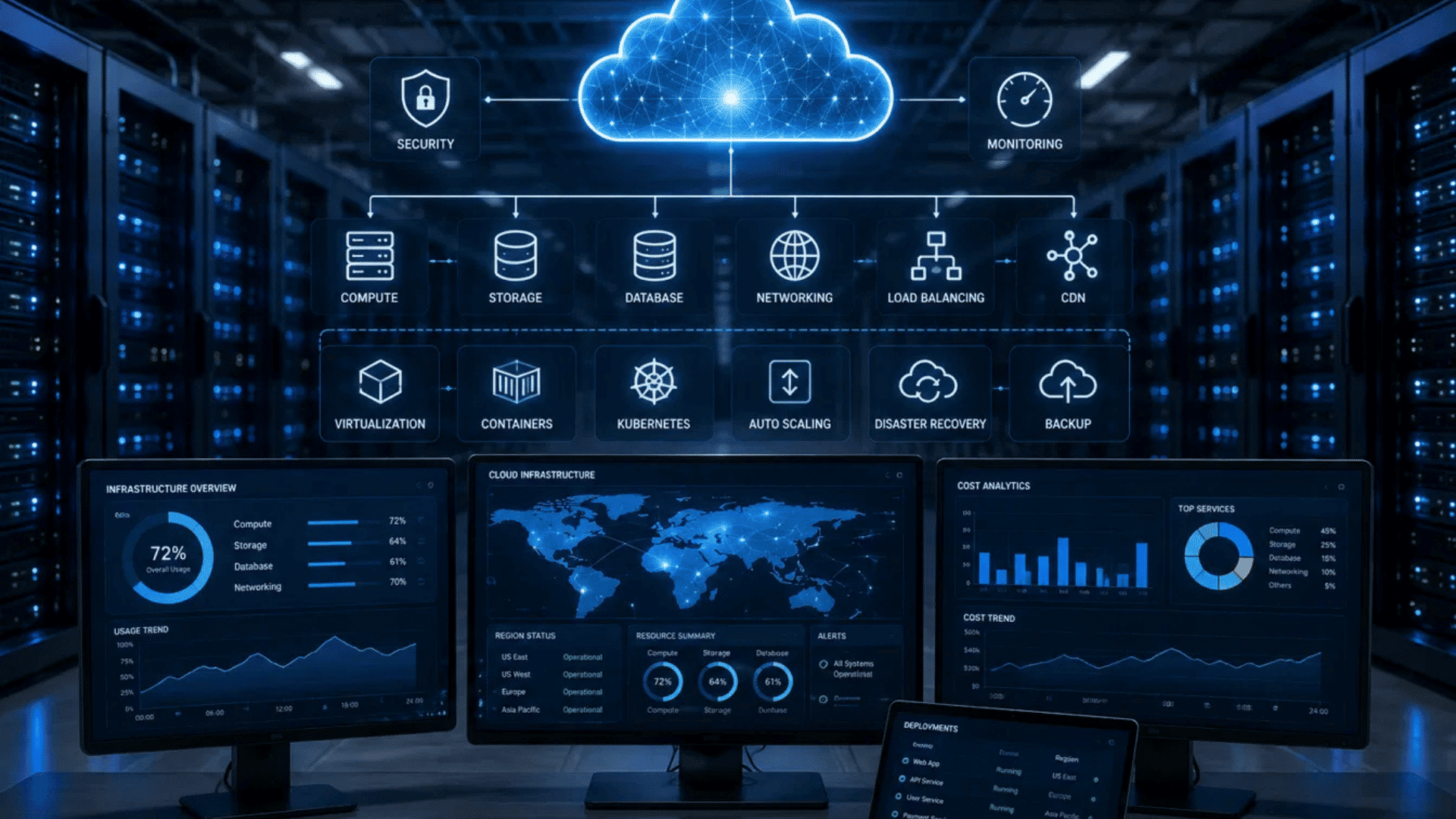 cloud infrastructure layer showing security storage networking and monitoring dashboards in a data center
