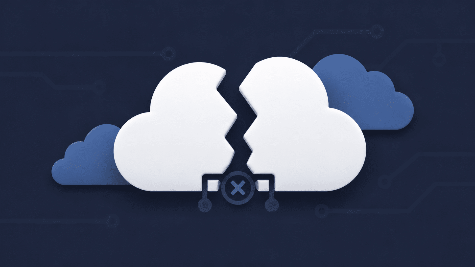 cloud outage symbol with circuit lines on a dark blue background
