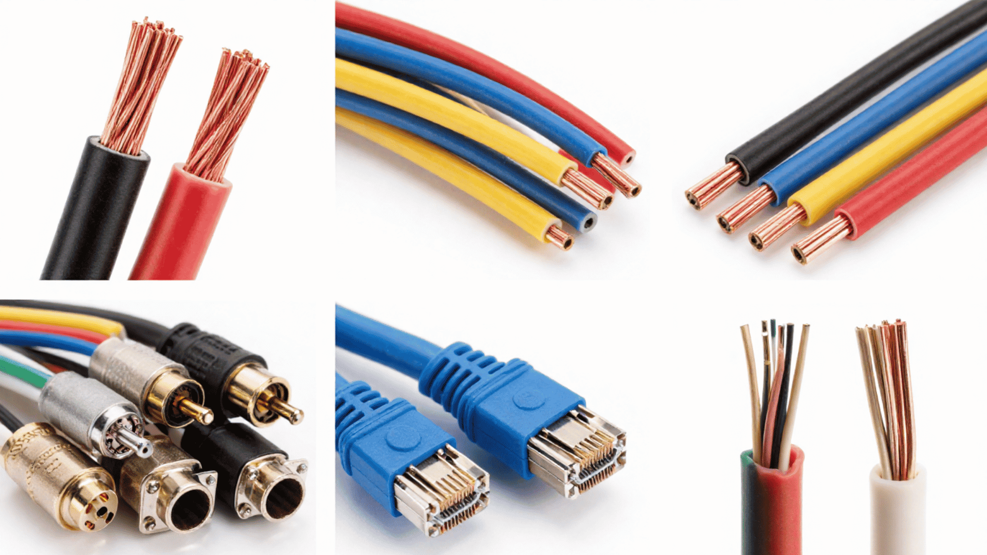 collage showing several cable types including copper wires connectors and blue network plugs