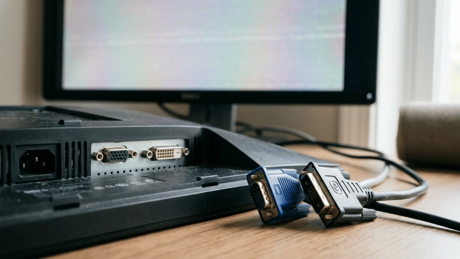 vga and dvi cable connectors lying beside matching ports on the back of a monitor on a wooden desk