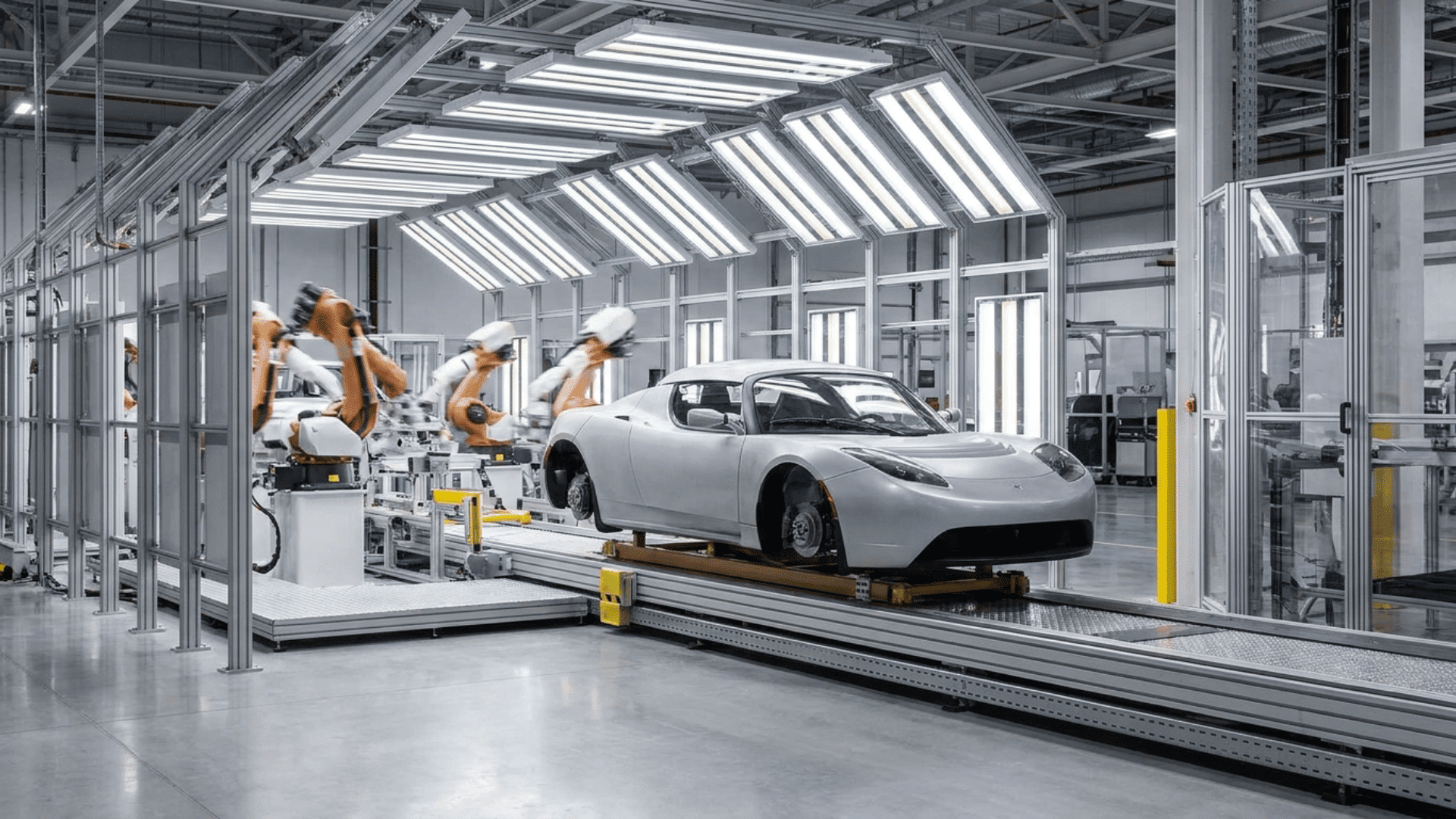 compact electric vehicle body moving along a factory assembly line