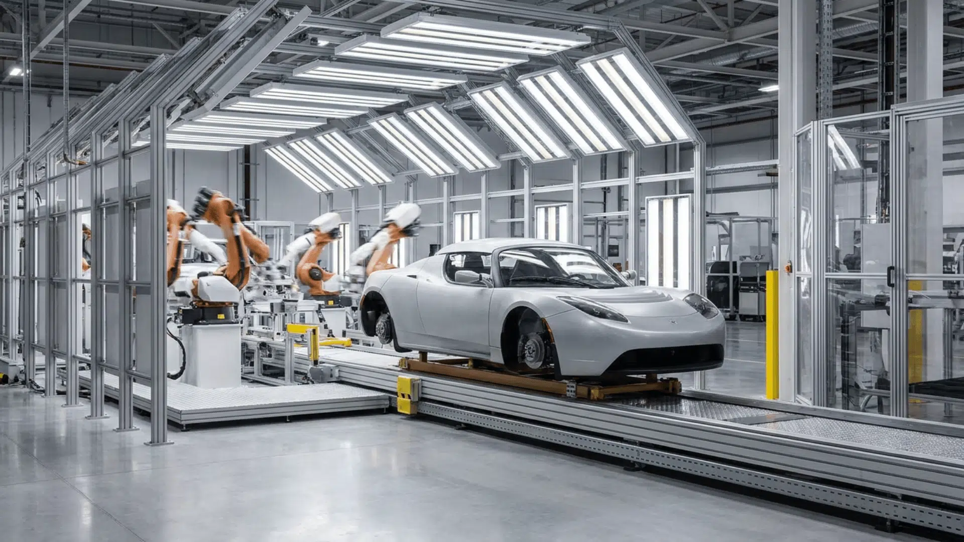 compact electric vehicle body moving along a factory assembly line