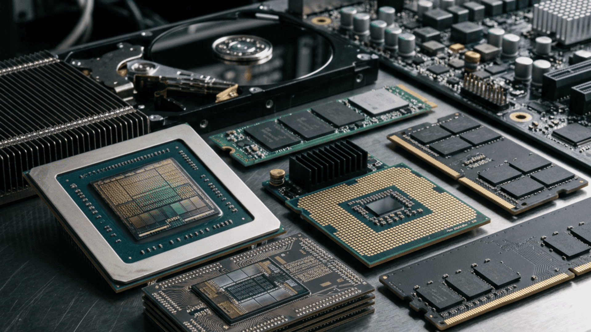 computer processor memory modules and circuit boards arranged on a workbench beside a hard drive in a server room