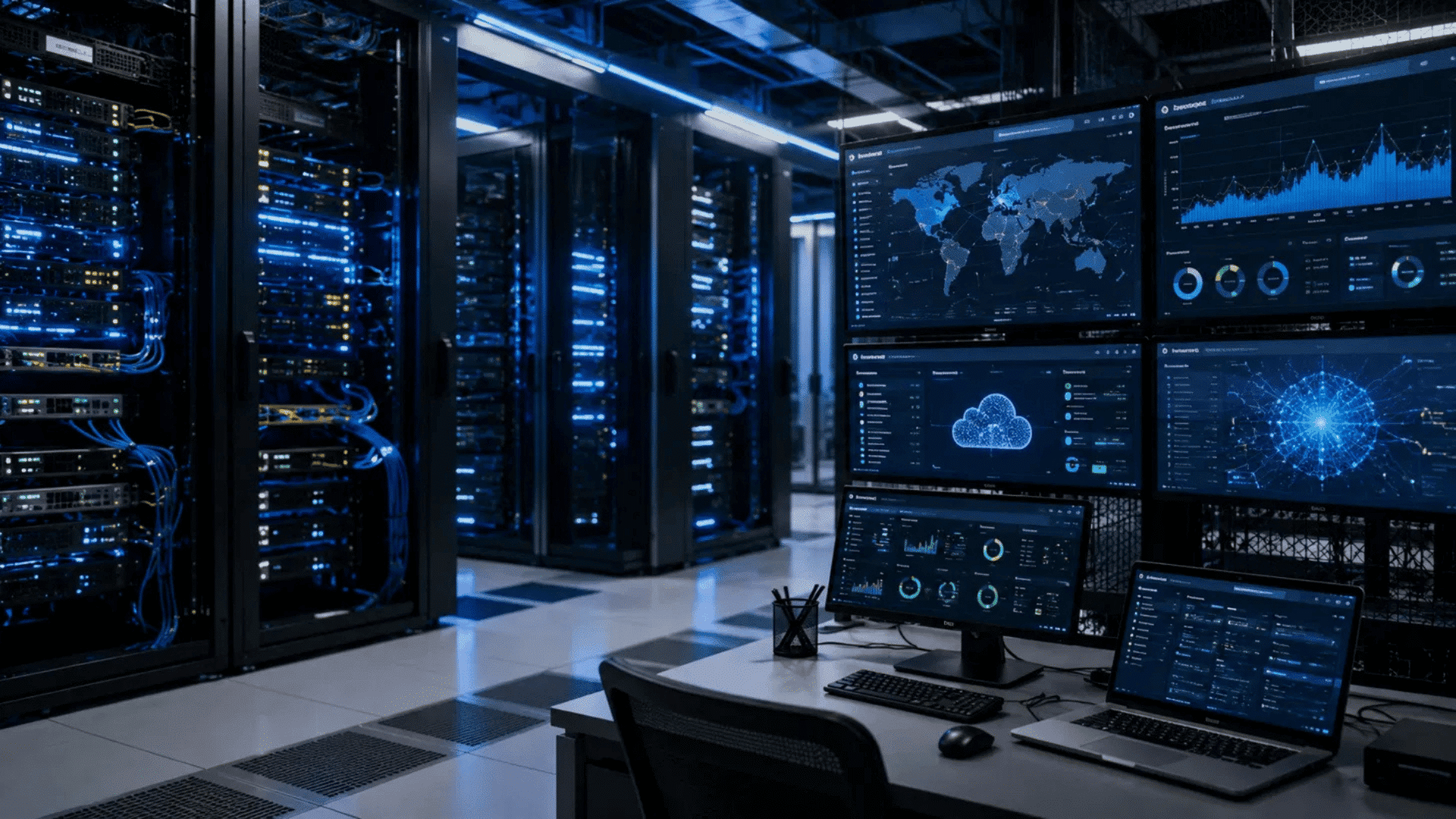 connected ecosystem with data dashboards cloud network and servers in a control room