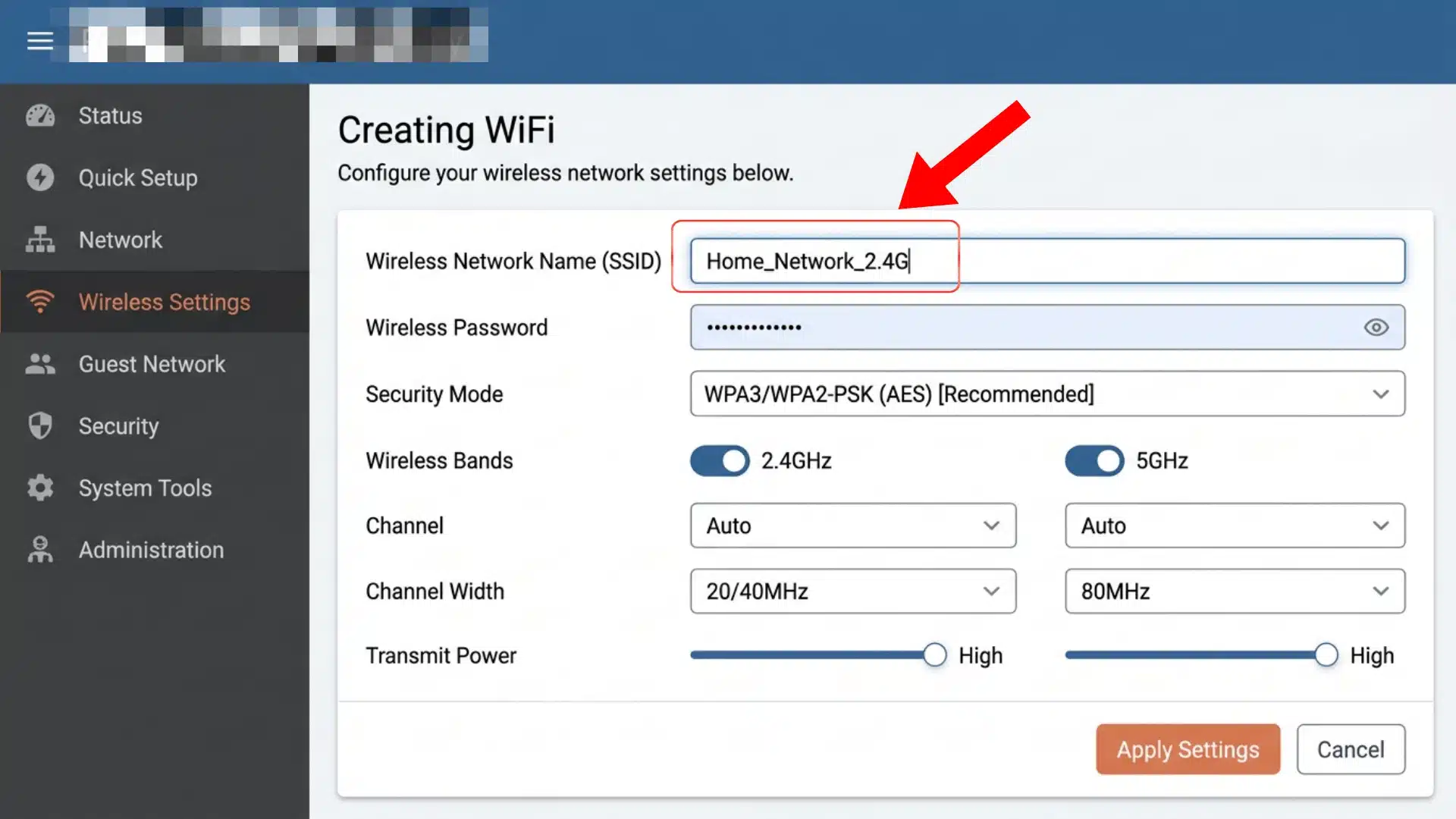 creating wifi screen with the wireless network name ssid field highlighted in router settings