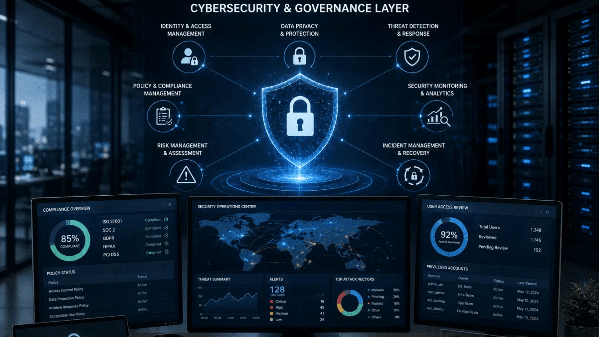 cybersecurity and governance layer showing threat detection data privacy and compliance dashboards