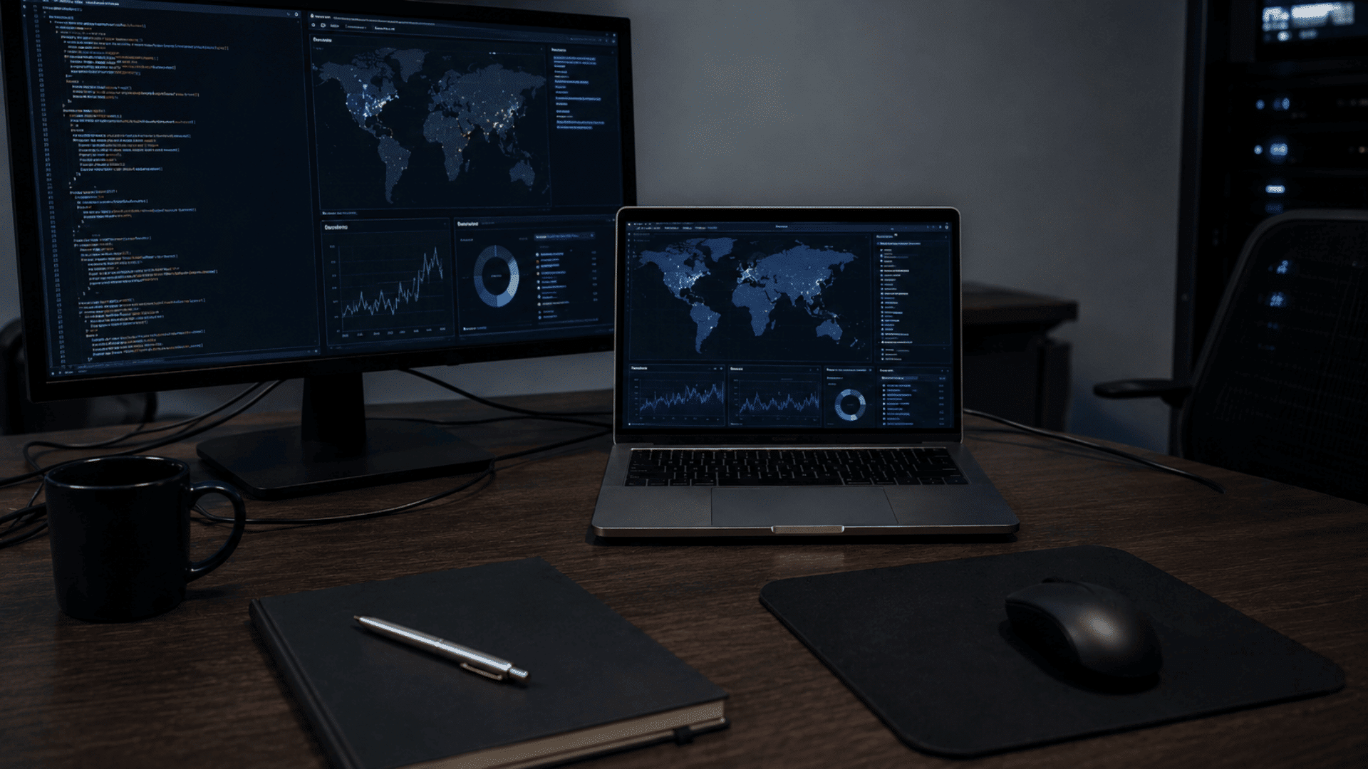 cybersecurity workstation with security dashboards on a laptop and monitor