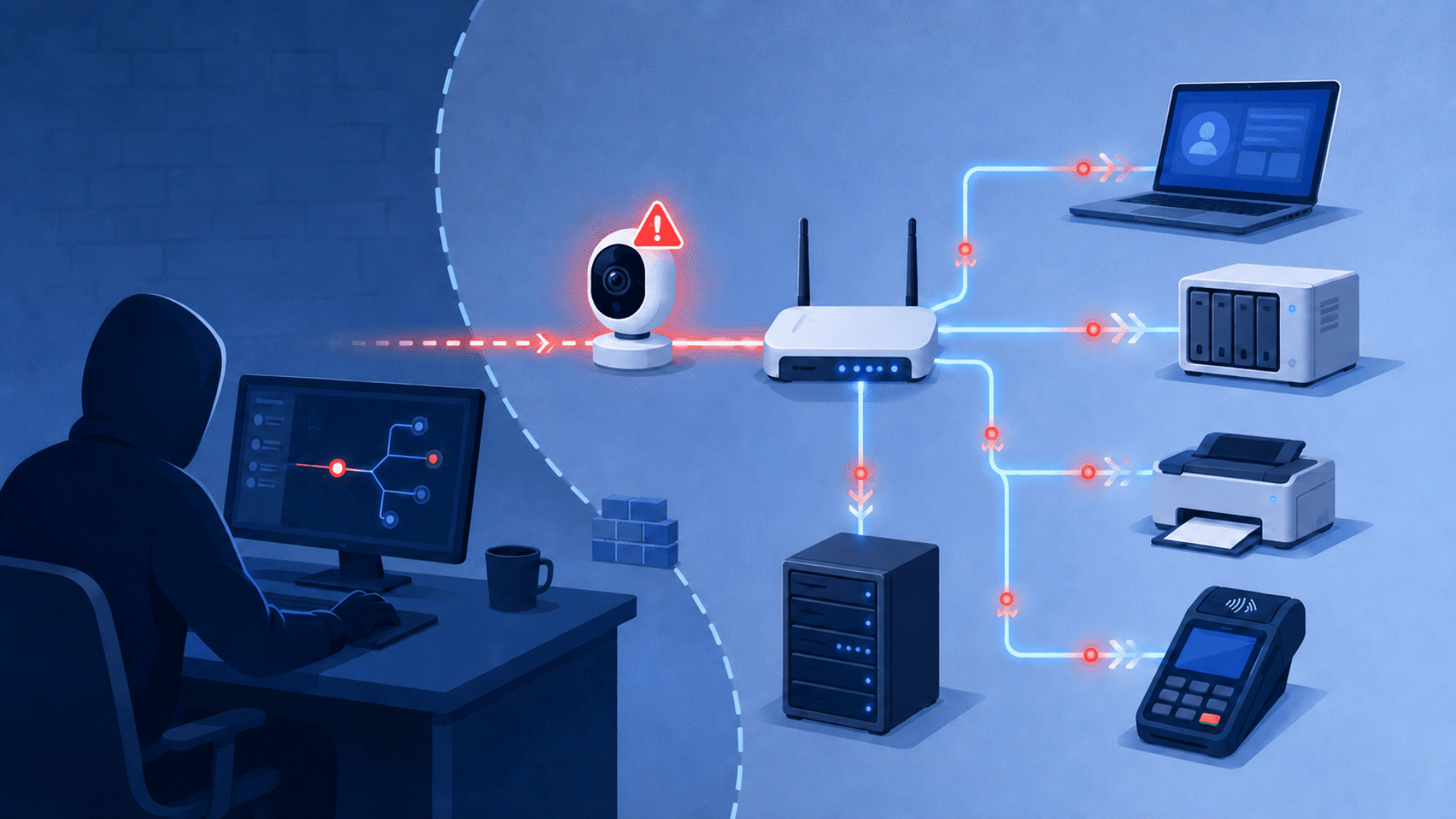 dark blue illustration of an attacker accessing business systems through a compromised smart camera