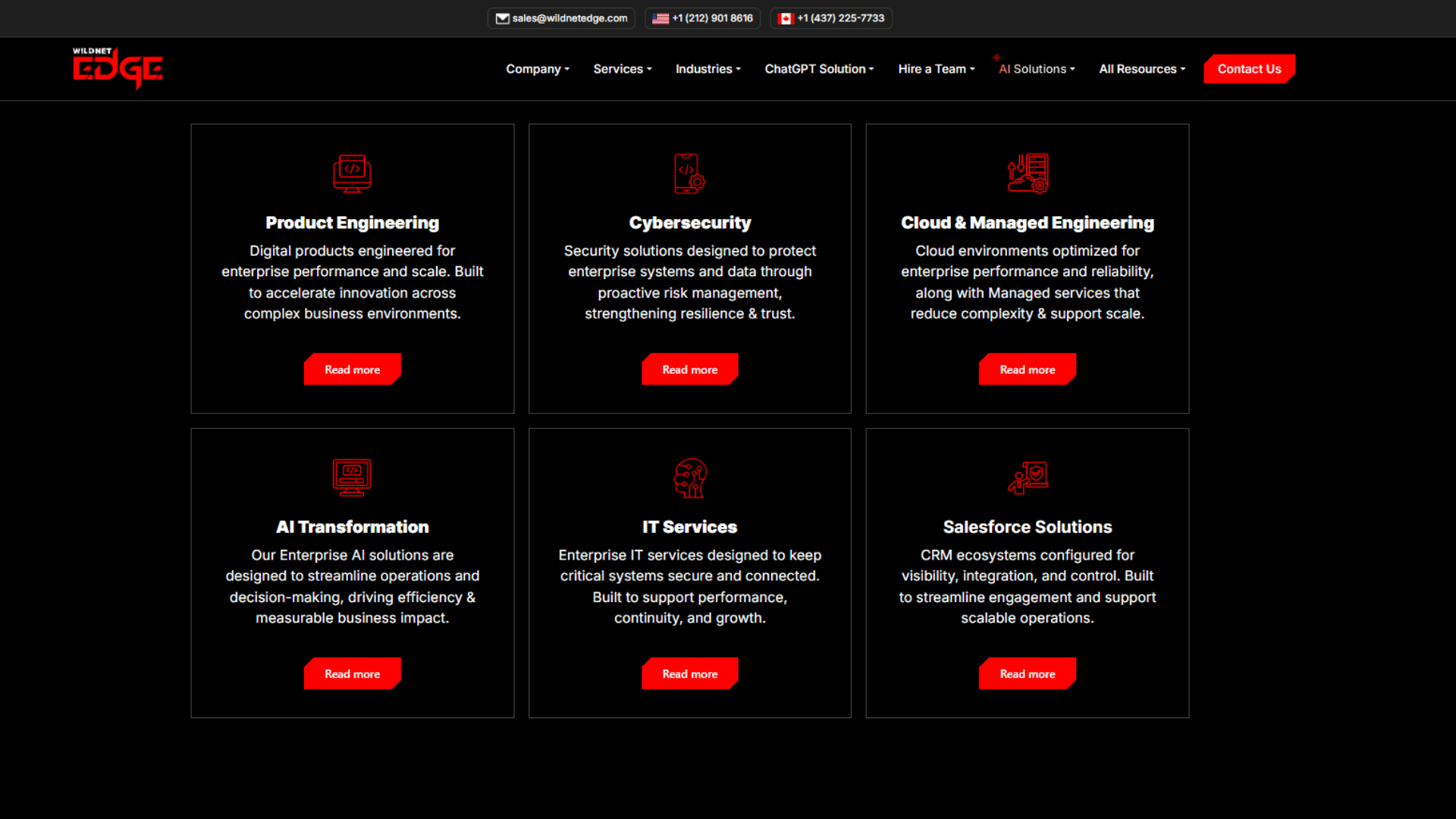 dark website grid showcasing product engineering cybersecurity cloud ai and software services