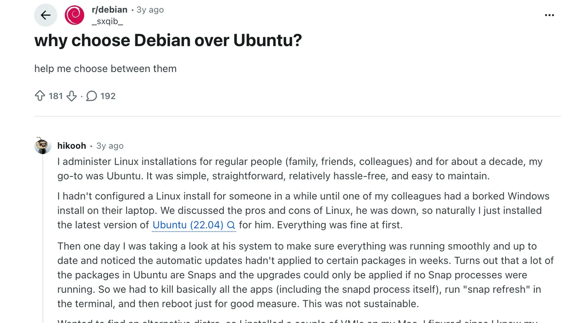 reddit discussion comparing debian and ubuntu with a user explaining reasons for switching to debian