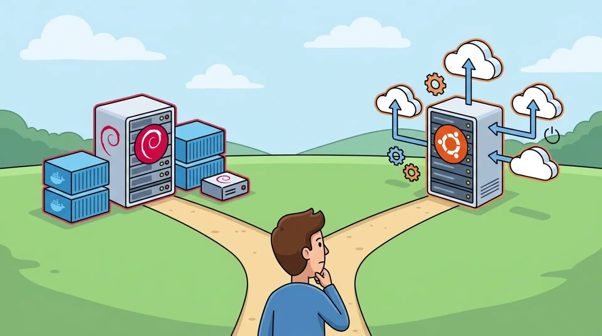 person choosing between debian docker hosting and ubuntu cloud hosting on two paths