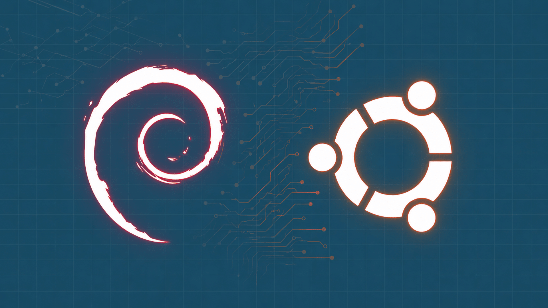 debian and ubuntu logos on a blue circuit background with subtle red and orange accents