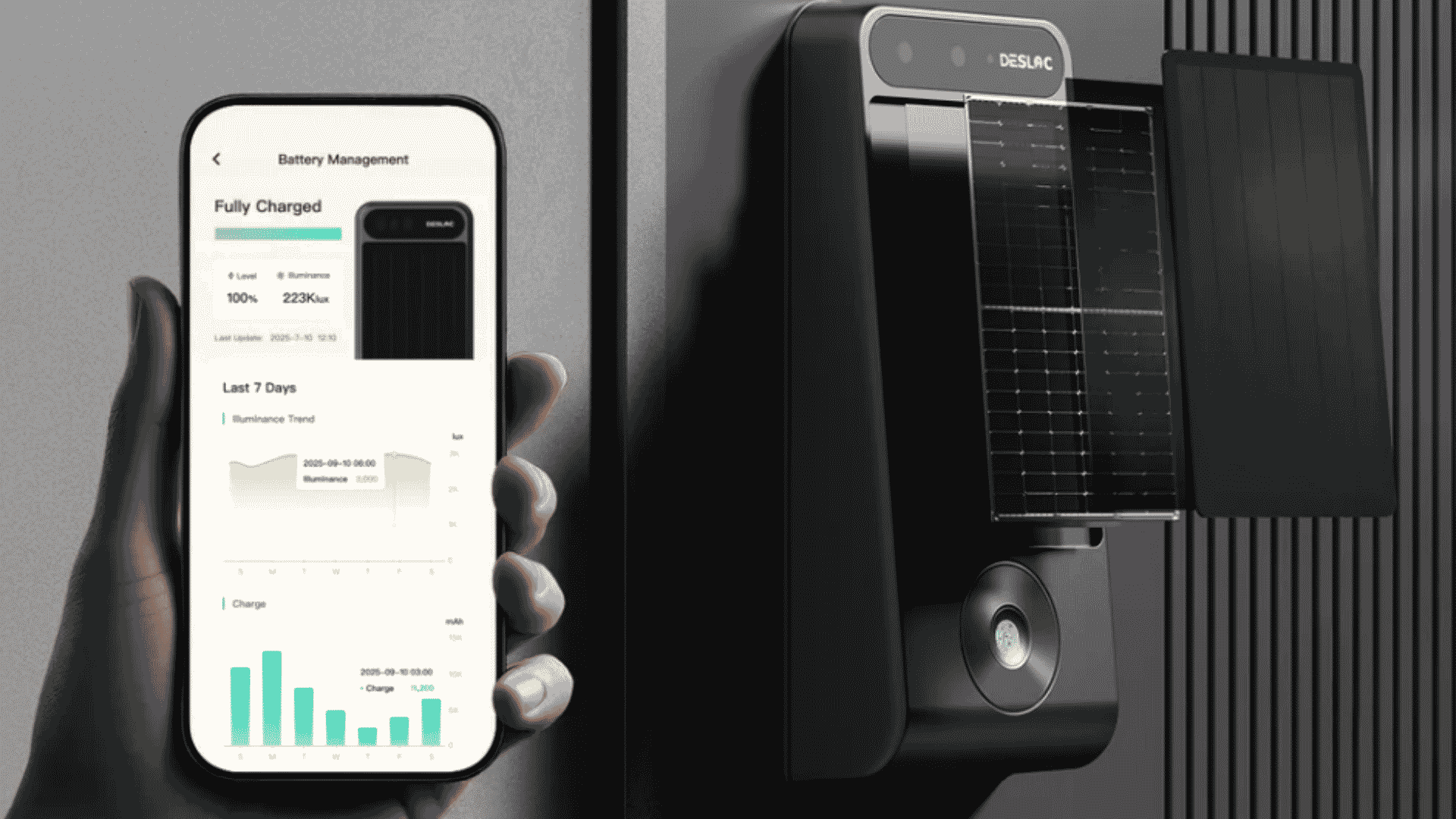 hand holding a phone showing battery data beside a solar powered smart lock with open charging panels