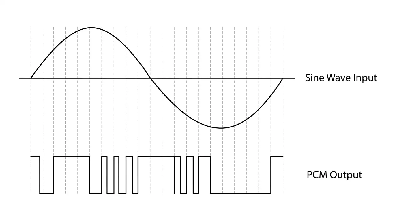 diagram comparing a sine wave input with its sampled pcm digital output across evenly spaced time intervals