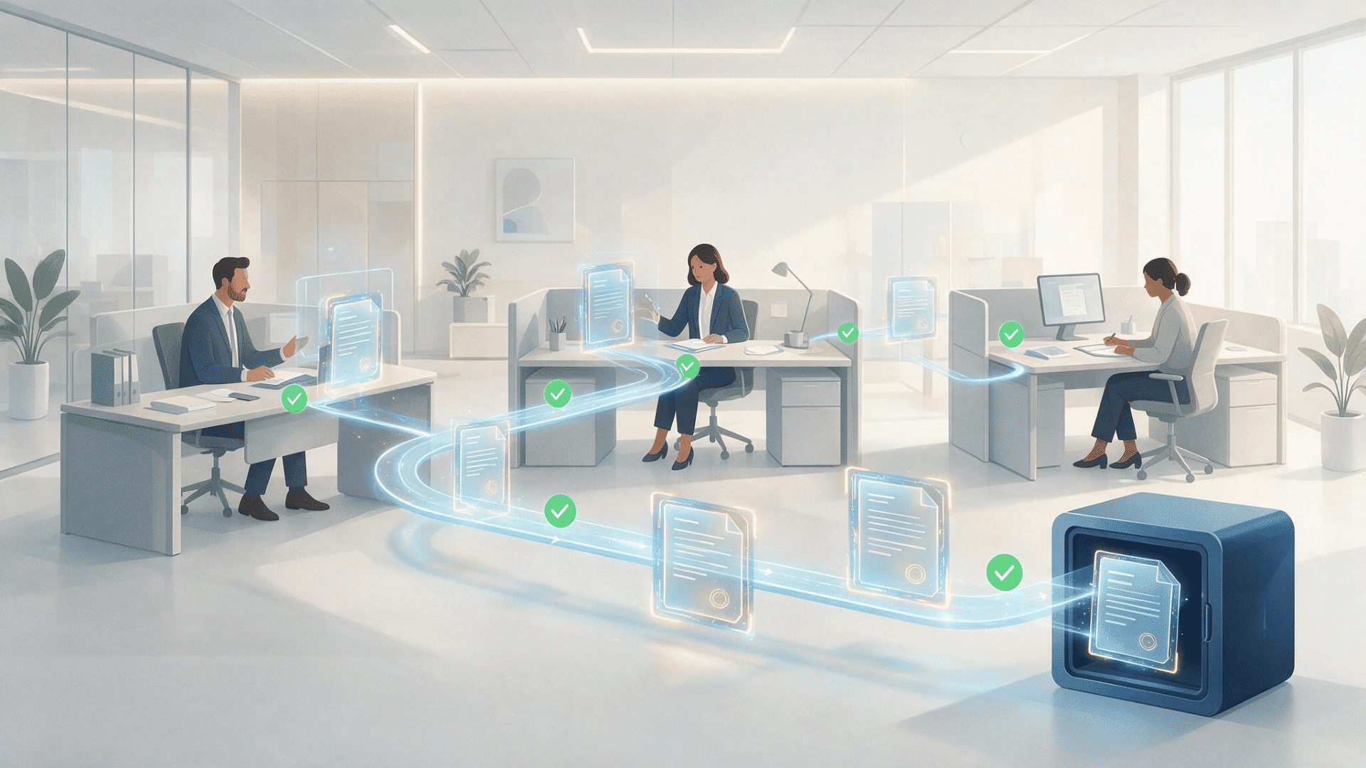 digital contract moving between business reviewers before approval and secure storage