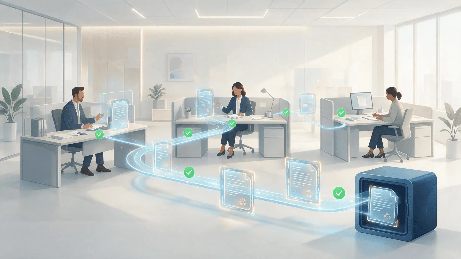 digital contract moving between business reviewers before approval and secure storage