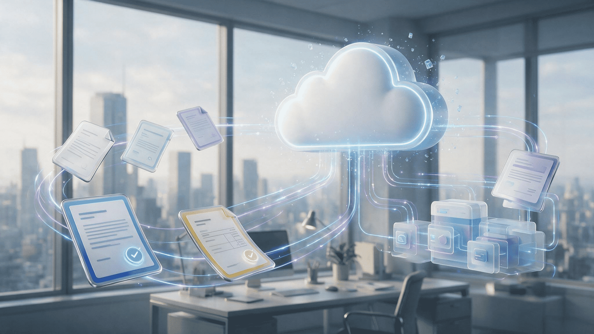 business documents moving through an automated digital workflow with approvals and cloud storage