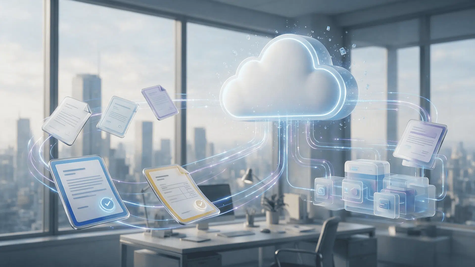 business documents moving through an automated digital workflow with approvals and cloud storage