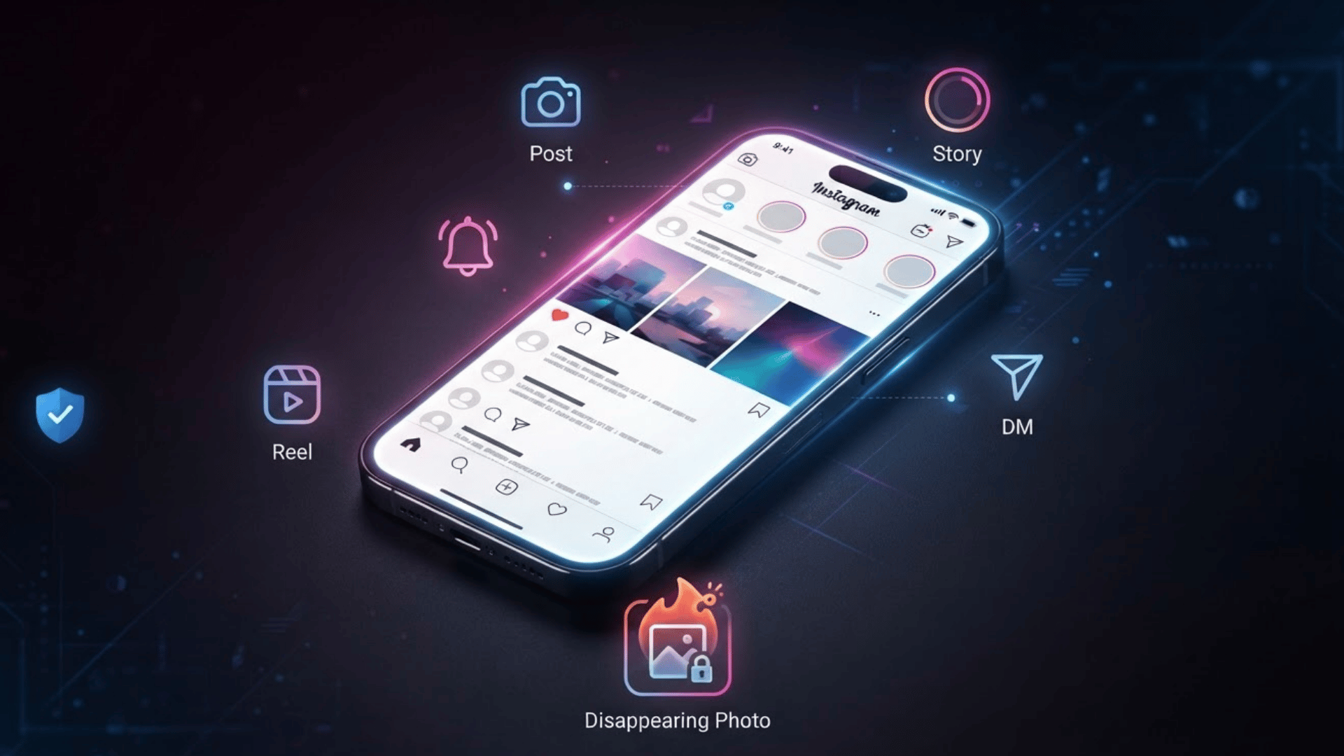 phone displaying instagram content beside screenshot and privacy notification symbols