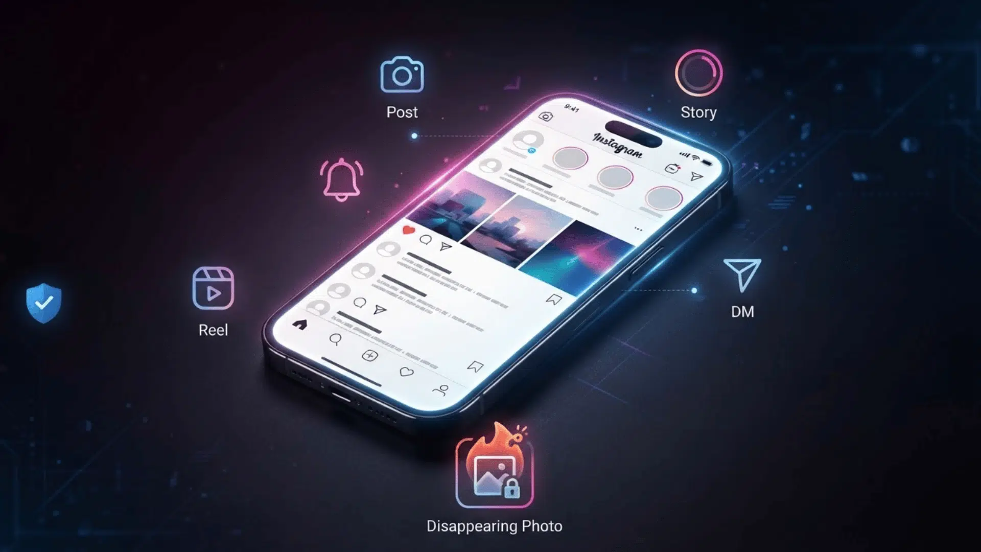 phone displaying instagram content beside screenshot and privacy notification symbols