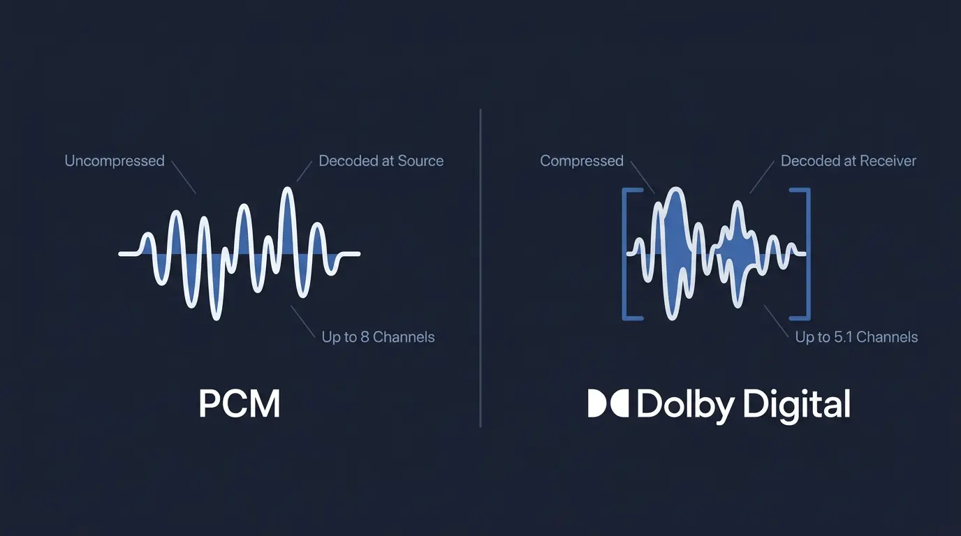 comparison of pcm and dolby digital audio waveforms compression decoding and supported channel counts
