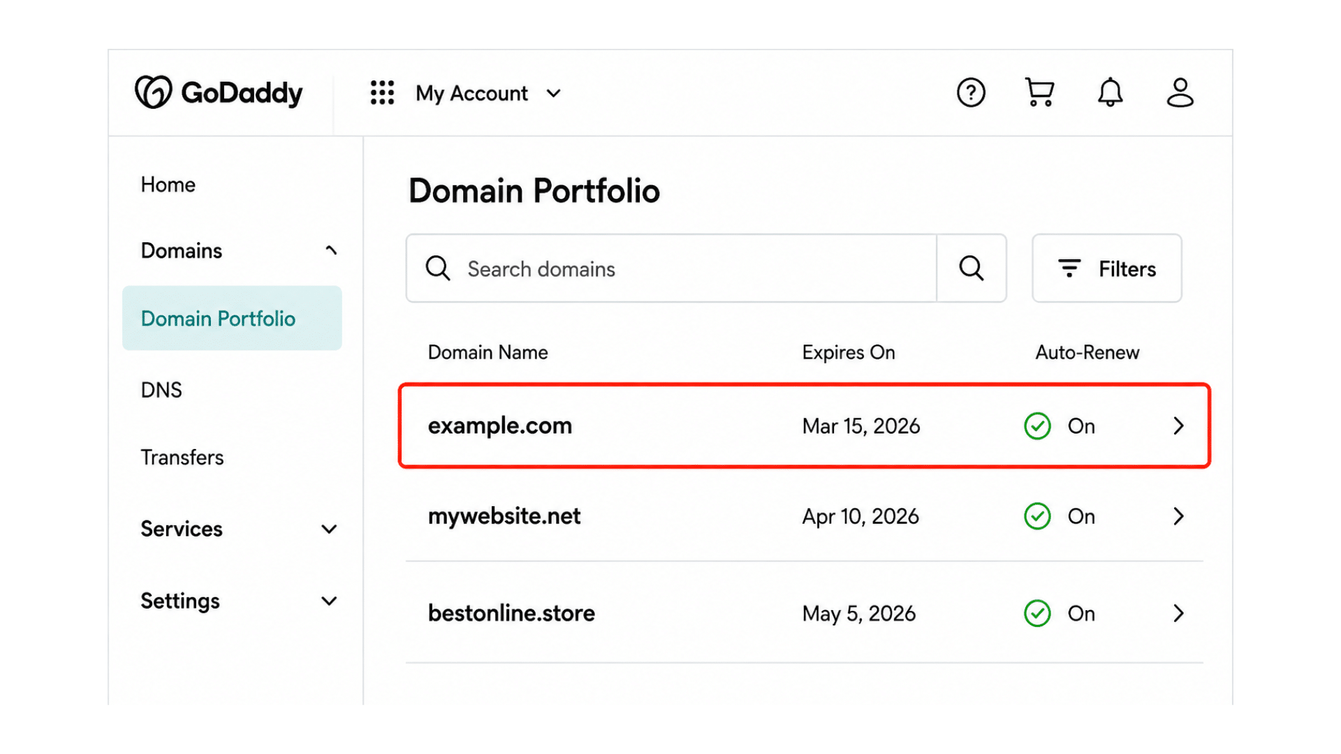 domain portfolio page showing selected domain ready for transfer to another godaddy account