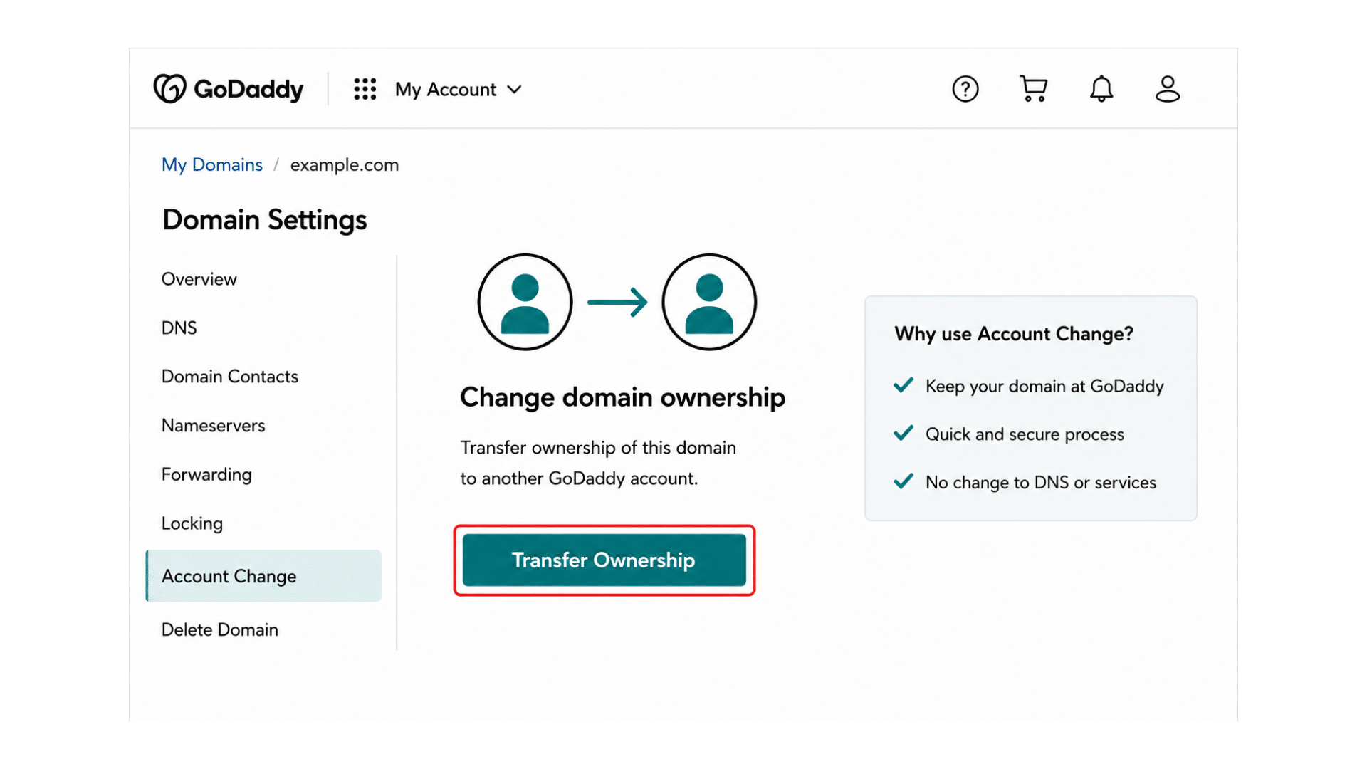 domain settings page highlighting account change and domain ownership transfer options