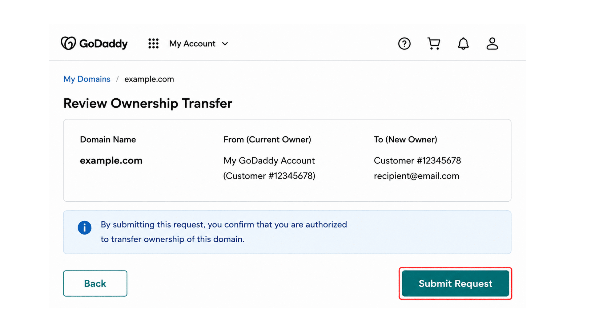 domain transfer review page showing ownership details before submitting transfer request