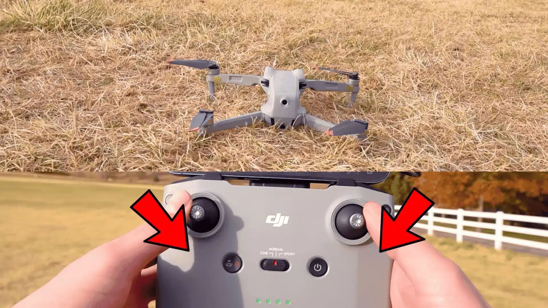 drone controller sticks pulled inward while a drone rests on grass before starting the propellers