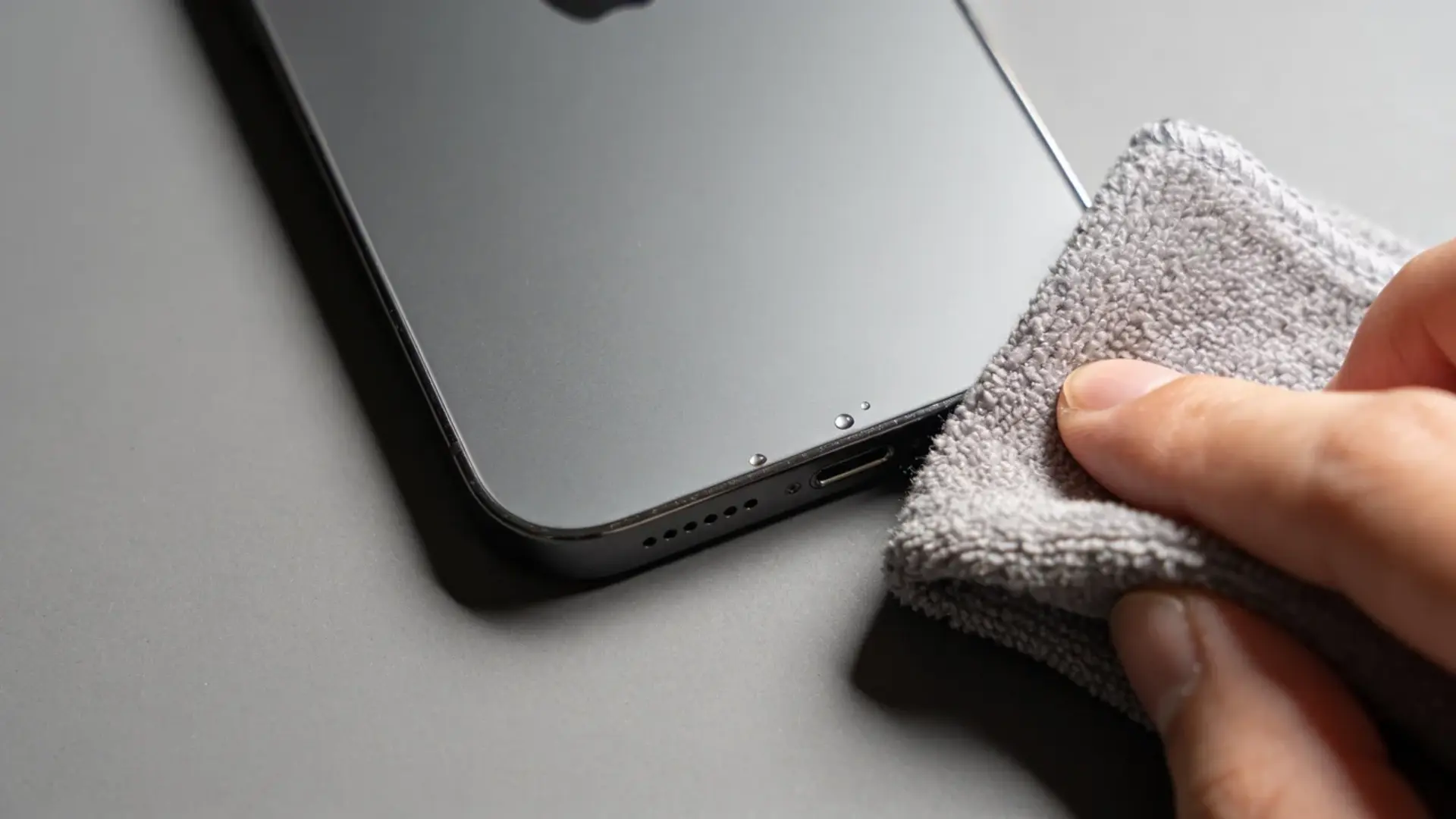 hand wiping water droplets from a black iphone with a grey microfiber cloth while avoiding the ports