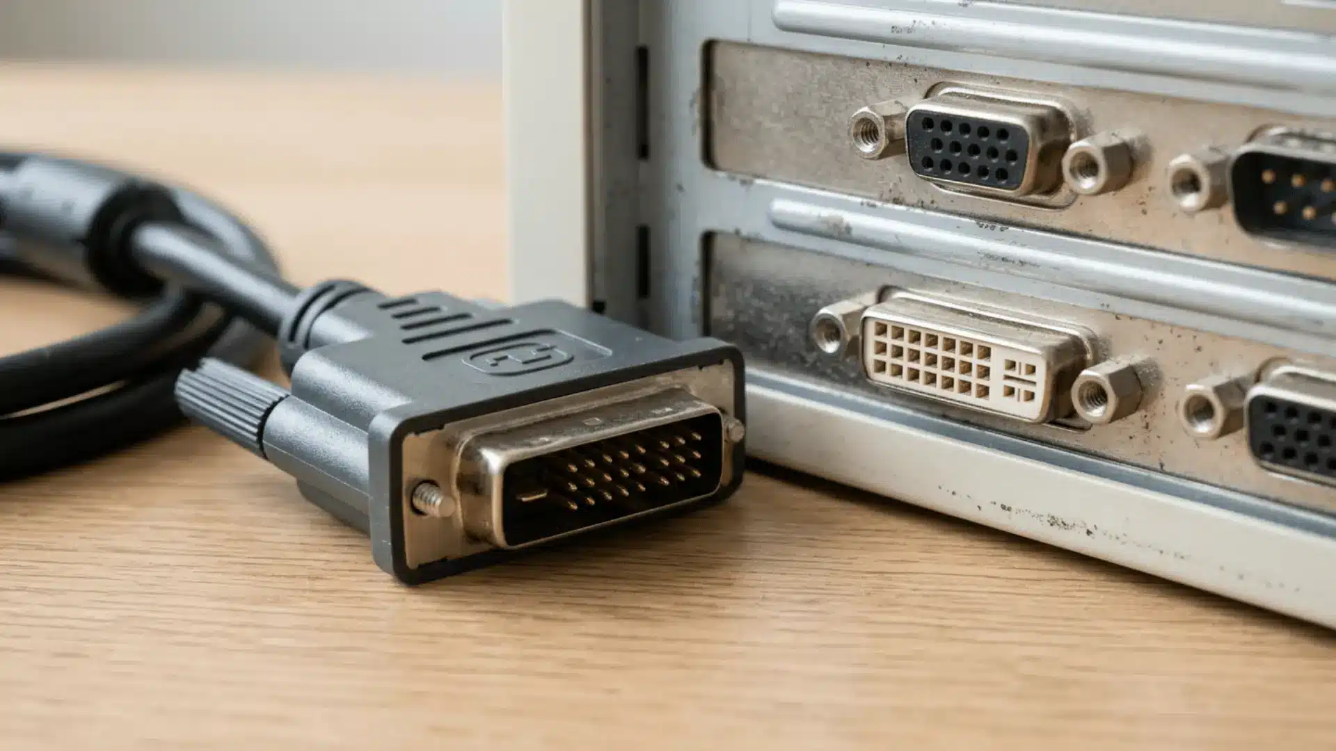 a close up of a dvi cable connector beside vga and dvi ports on the back of a desktop computer
