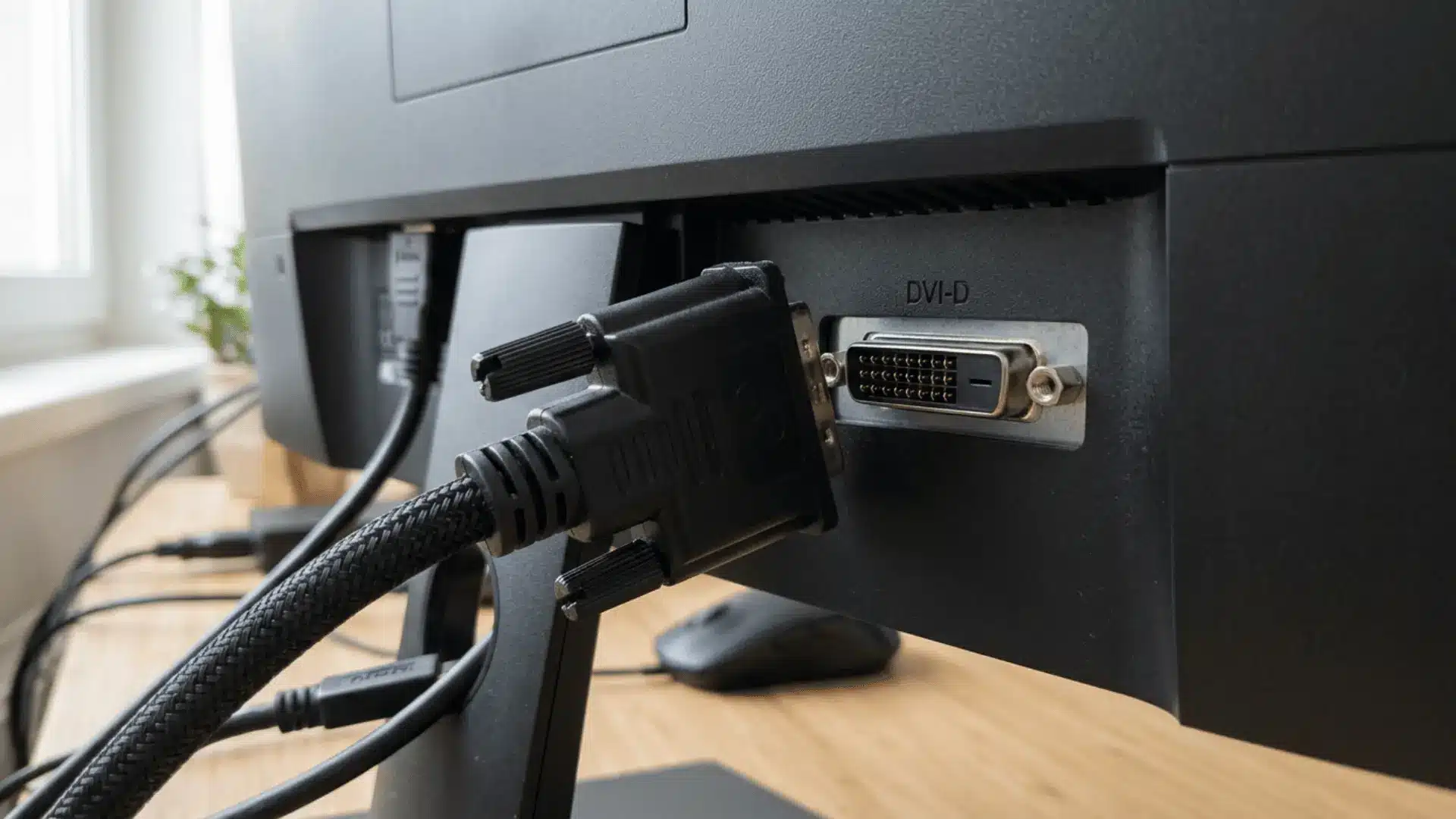 a dvi cable plugged into the labeled dvi d port on the back of a computer monitor above a wooden desk