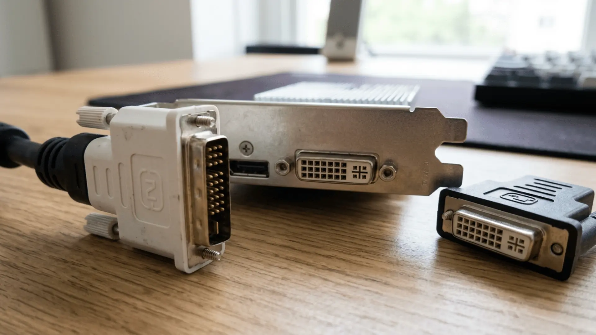 dvi cable connectors beside a graphics card with dvi and display ports resting on a wooden desk