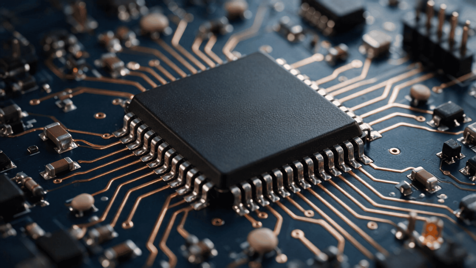 macro photo of embedded software chip on a circuit board with electronic components