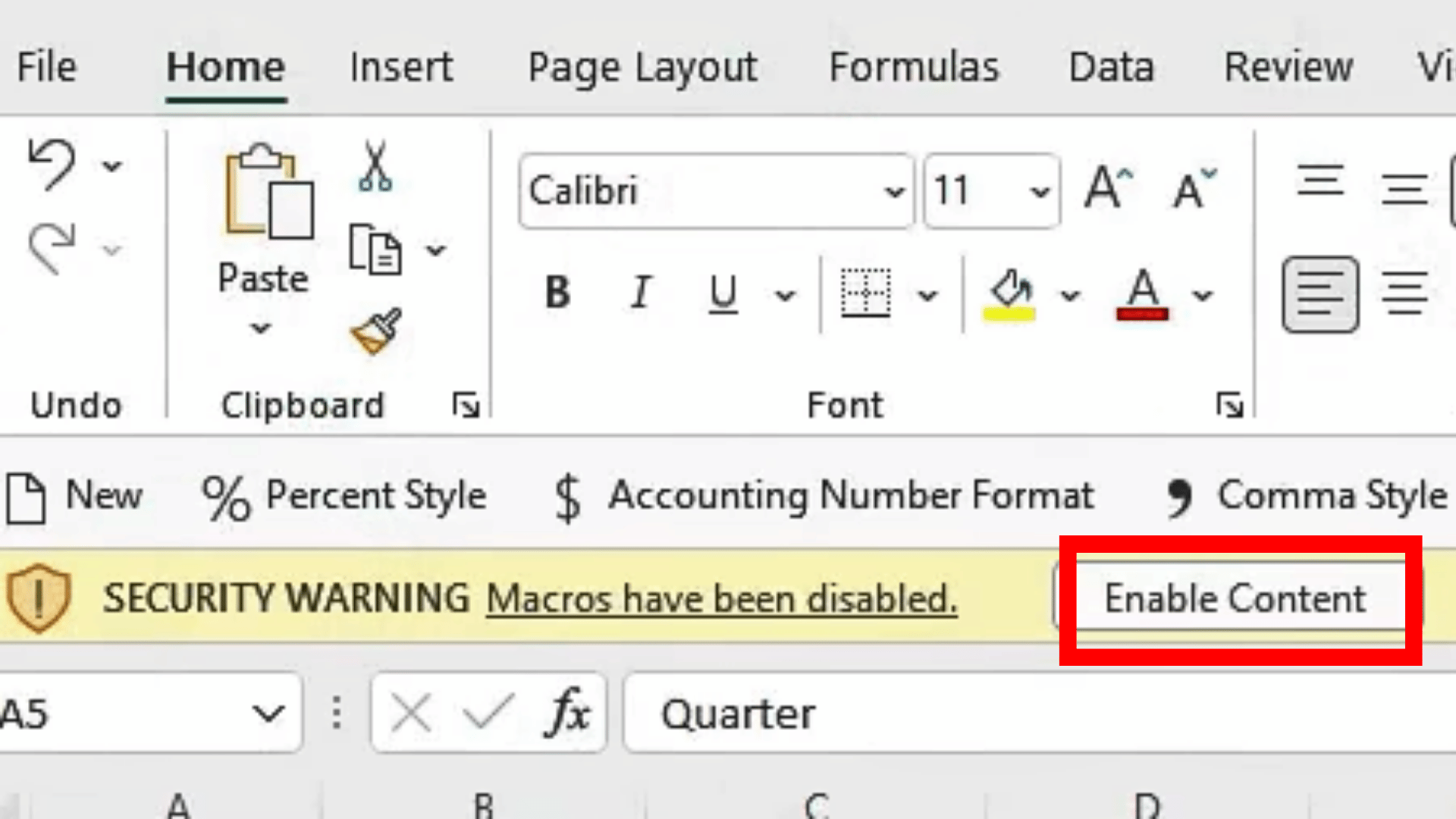 excel yellow security warning showing macros disabled and the enable content button