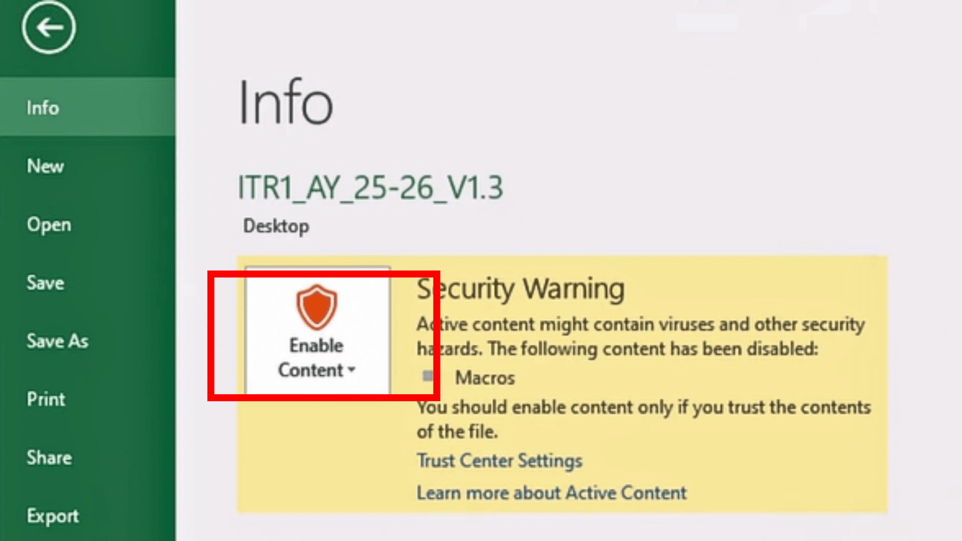 excel file info screen showing a security warning and the enable content option to enable macros