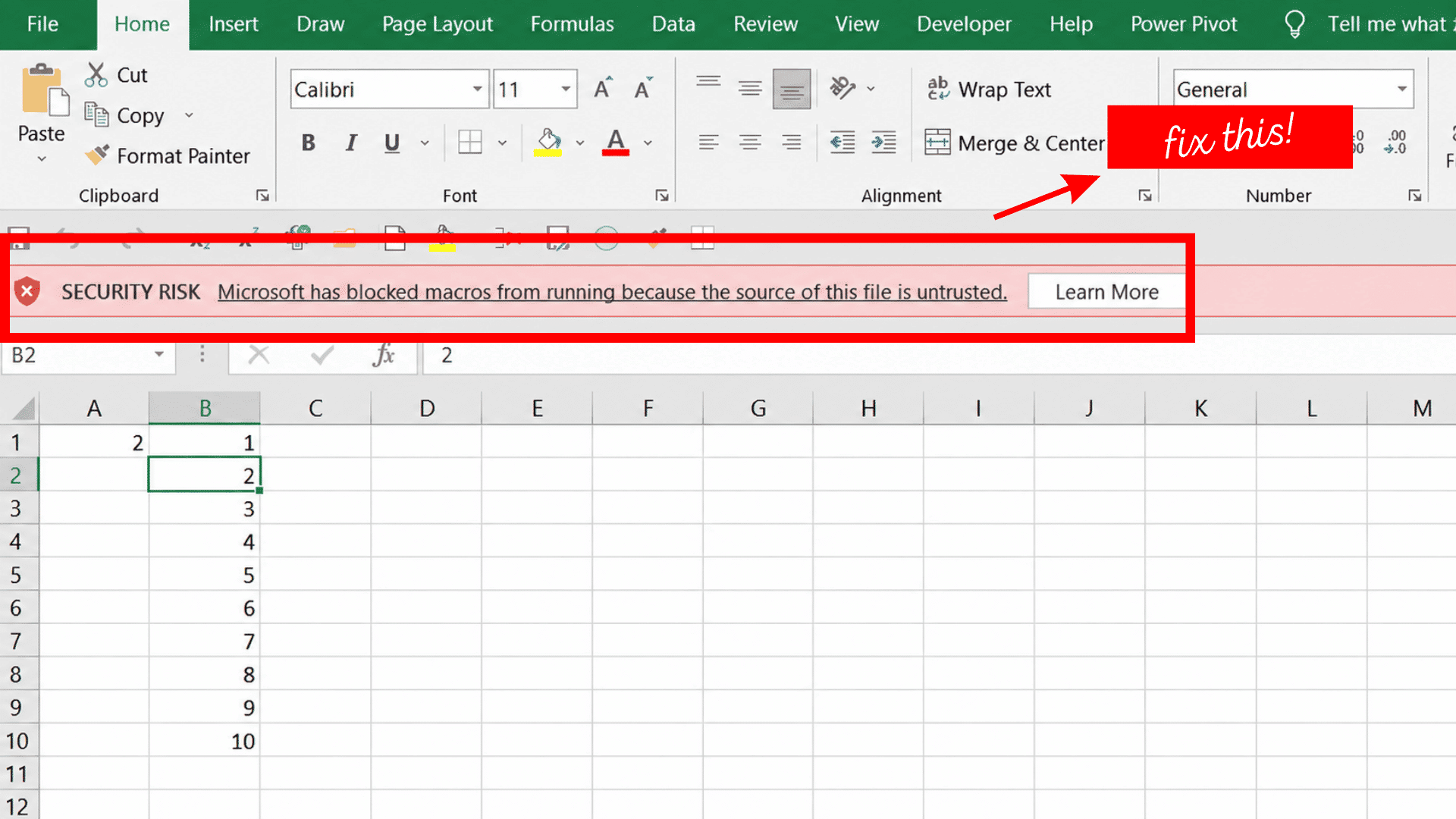 excel macro security warning showing that macros are blocked because the file source is untrusted