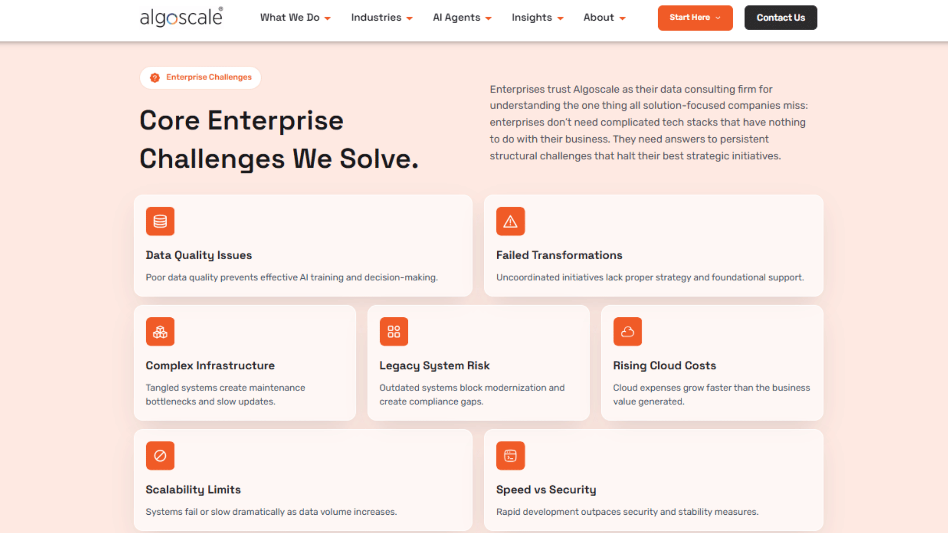 enterprise data platform website showing common business challenges and service cards