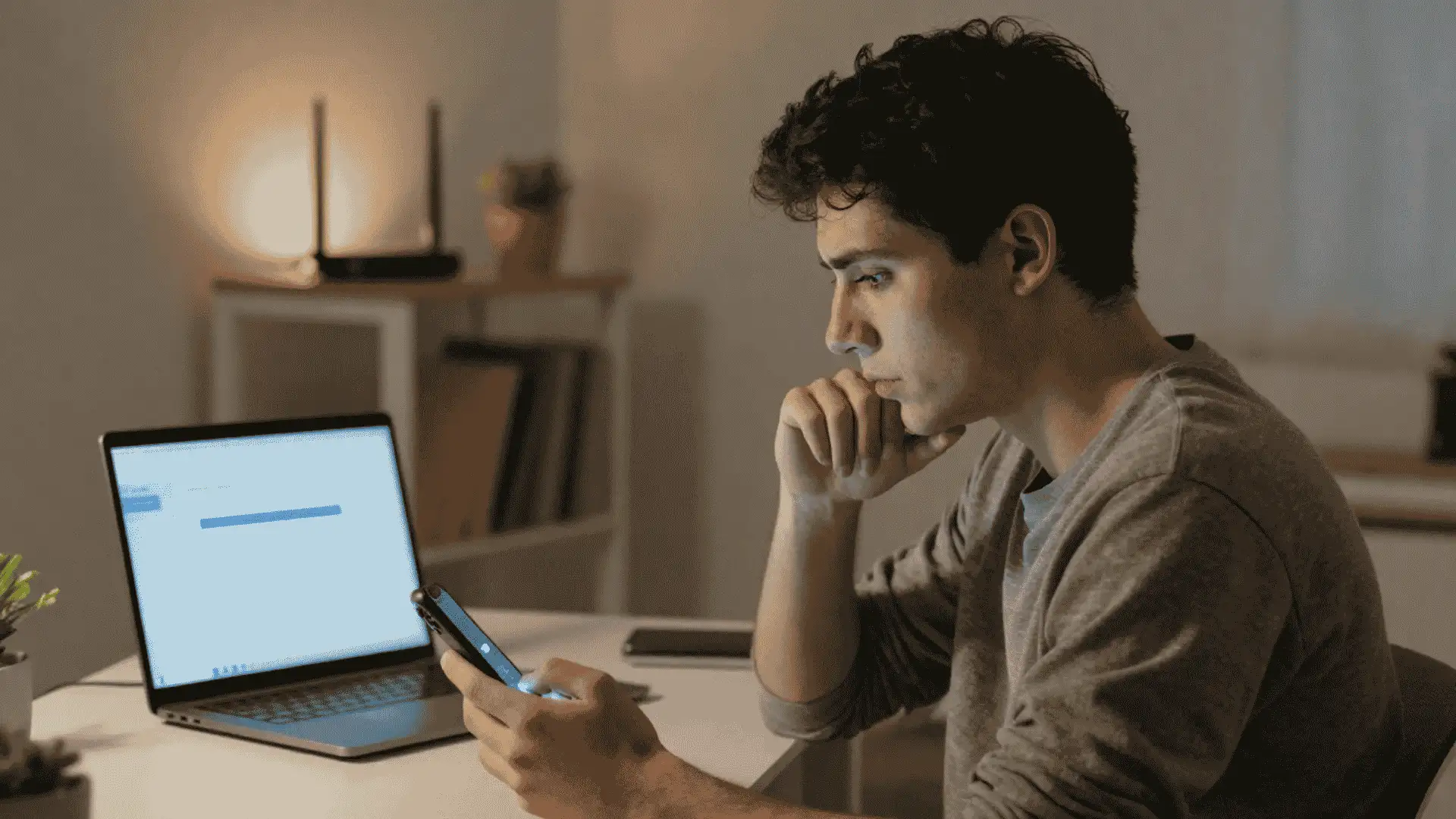 person troubleshooting esim activation issue on smartphone while checking connection on laptop at home