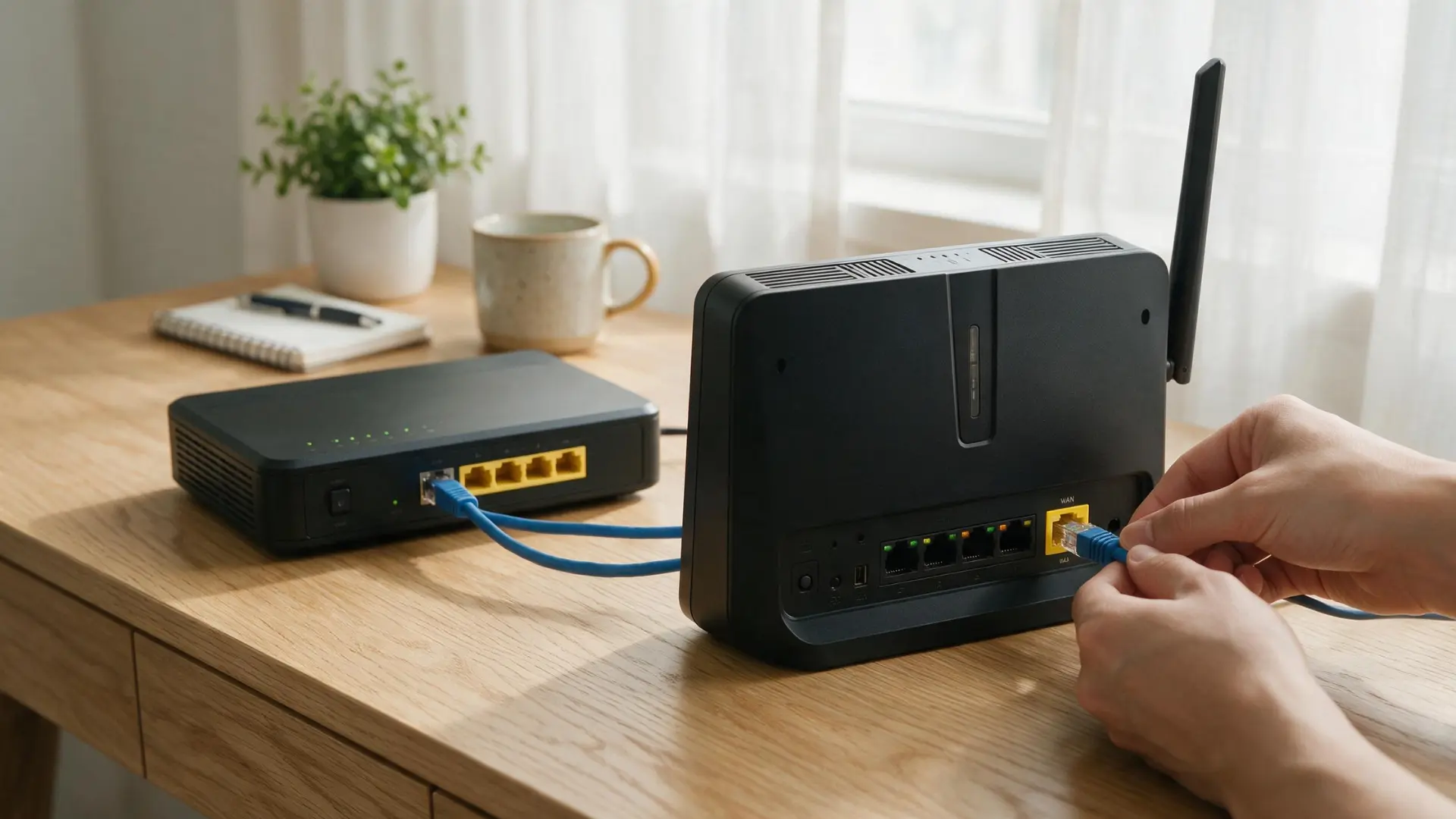 person connecting an ethernet cable to a wireless router beside the modem on a wooden desk