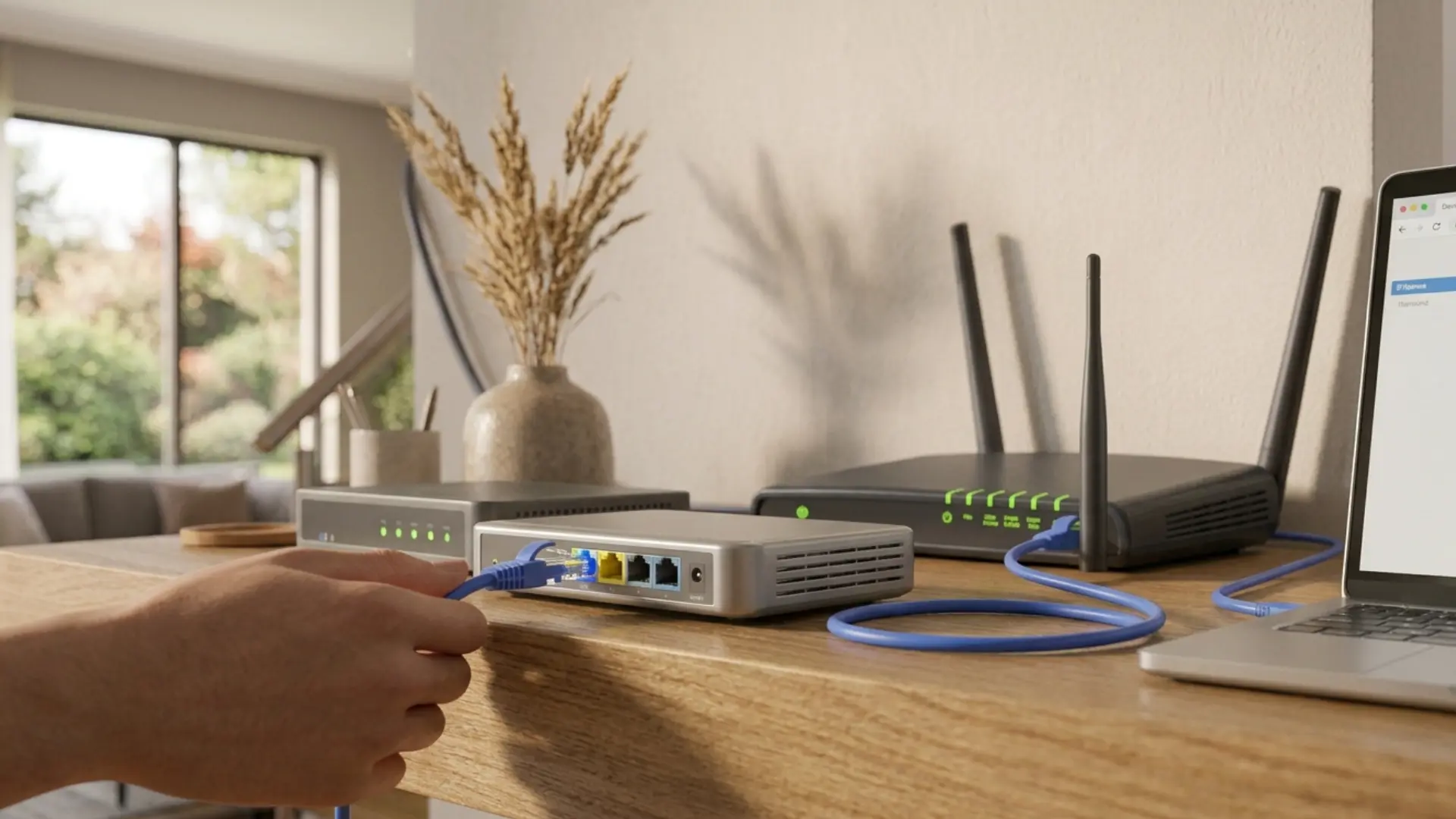 ethernet cable linking a home router to the proper port on a secondary access point device