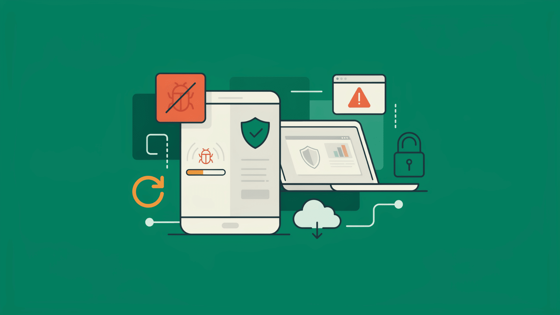 featured vector image of android malware cleanup with phone shield alerts and network icons