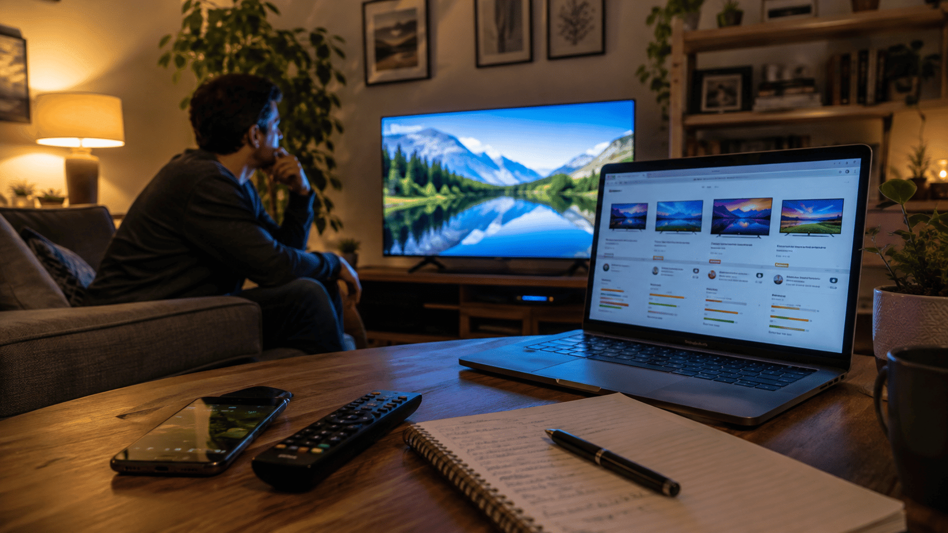 television remote laptop and phone on a table in front of a home television
