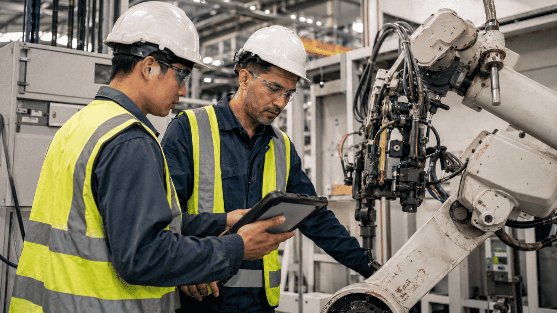 field engineers inspecting an industrial robotic arm in a manufacturing facility