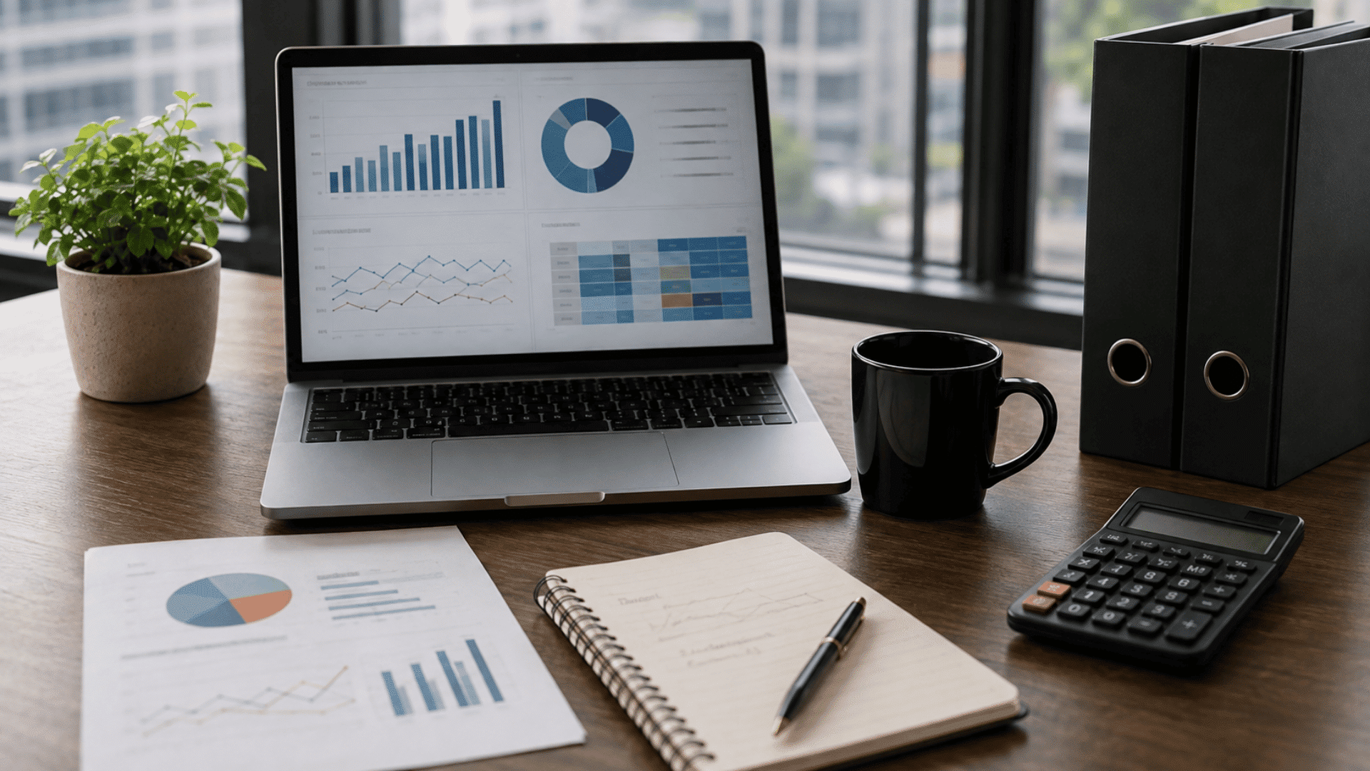 finance and compliance workspace with financial charts laptop calculator and folders
