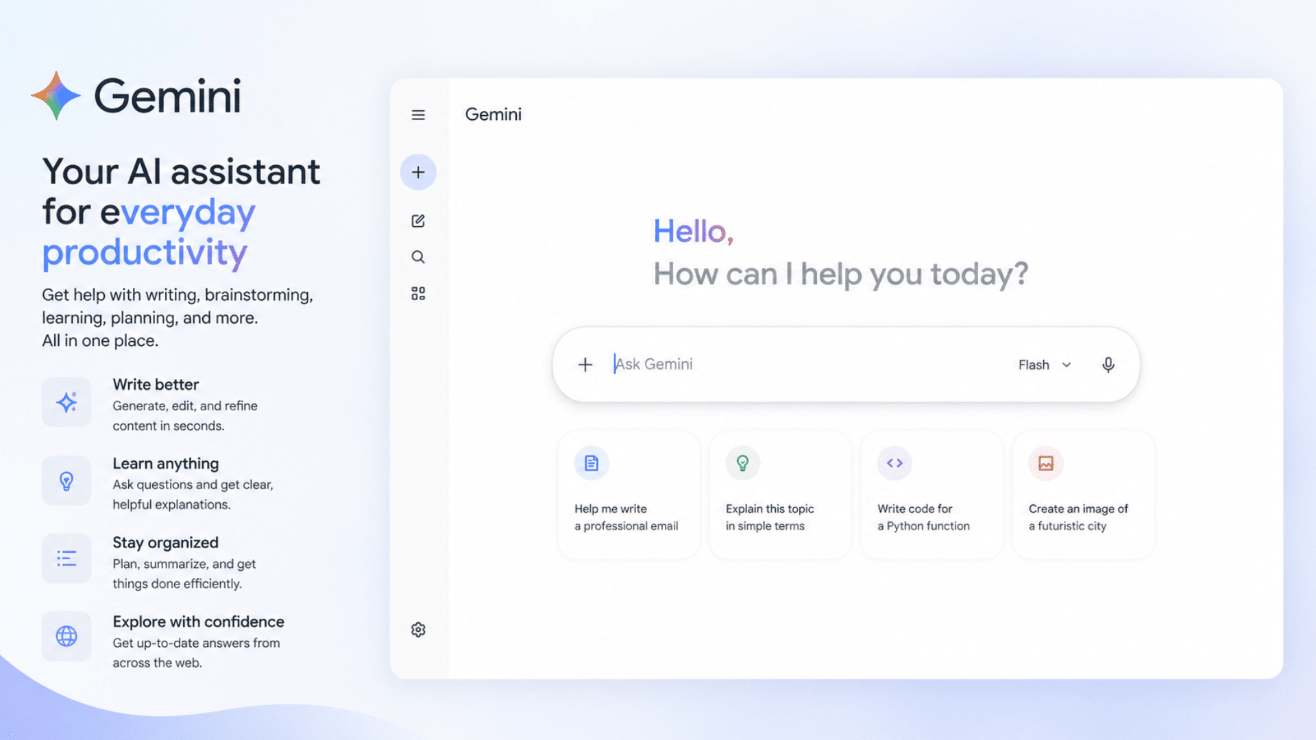 gemini interface with clean ai workspace showing productivity tools search features and assistance options